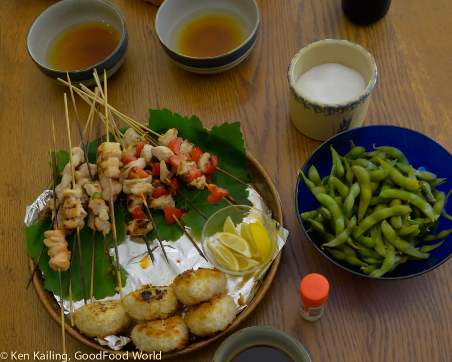 Yakitori (skewered chicken from Crown S Ranch, Winthrop WA), Yaki onigiri (rrilled rice balls with miso glaze), Edemame (boiled soybeans)