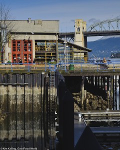 Granville Island stands over False Creek; it's low tide.