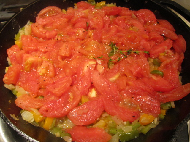 Tomatoes, onions and peppers - and bay leaf and lemon thyme