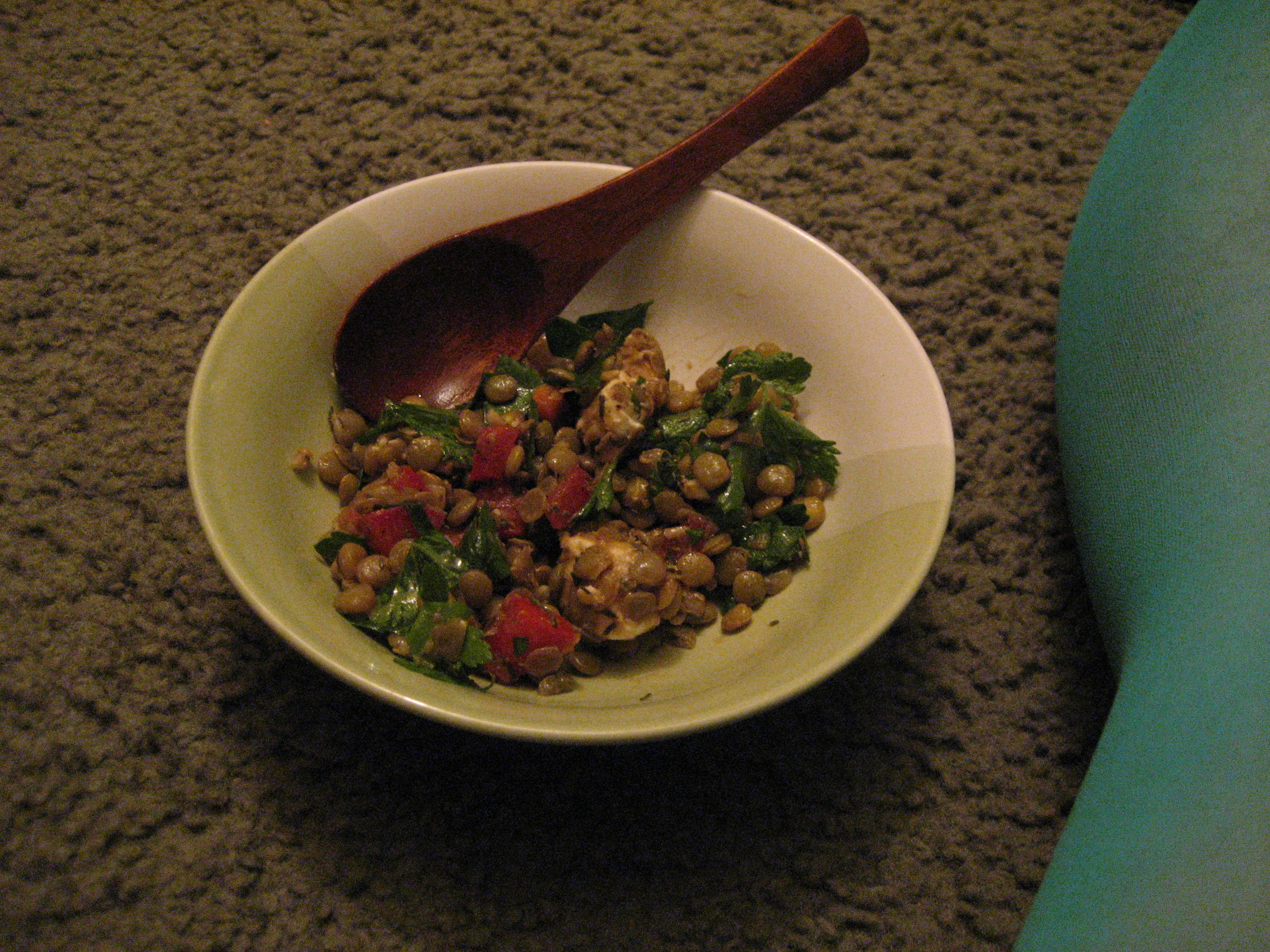 French lentils with roasted red peppers, goat feta and mint