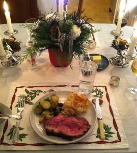 Christmas Dinner: Beef with Brussel's sprouts and a gratin of potatoes