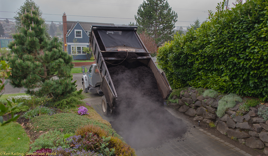 We get our Cedar Grove compost delivery on a gloomy and damp spring day.