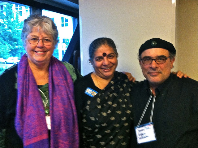 Theo Ferguson of Slow Money, Vandana Shiva, and Devon Peña of The Acequia Institute. Photo by Miguel Robles