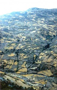 Terraces and community farms on Peruvian mountains.